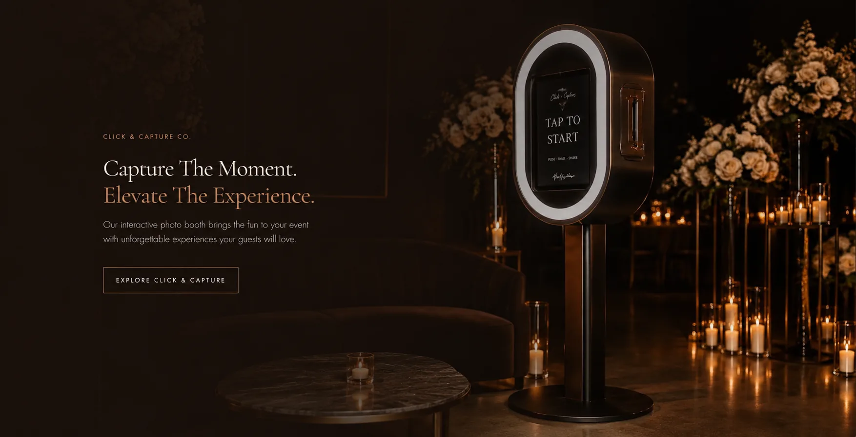 Click & Capture Co. — capture the moment, elevate the experience. Interactive photo booth in a candlelit event lounge.