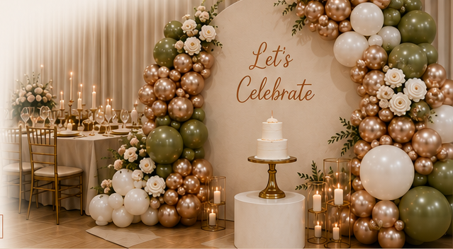 Organic balloon installation in sage, cream and copper surrounding an elegant celebration backdrop