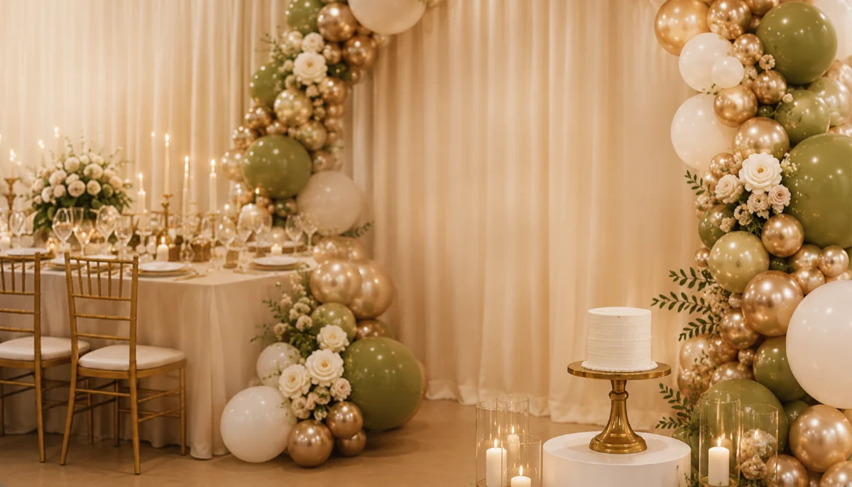 Organic balloon installation in sage, cream and copper surrounding an elegant celebration backdrop
