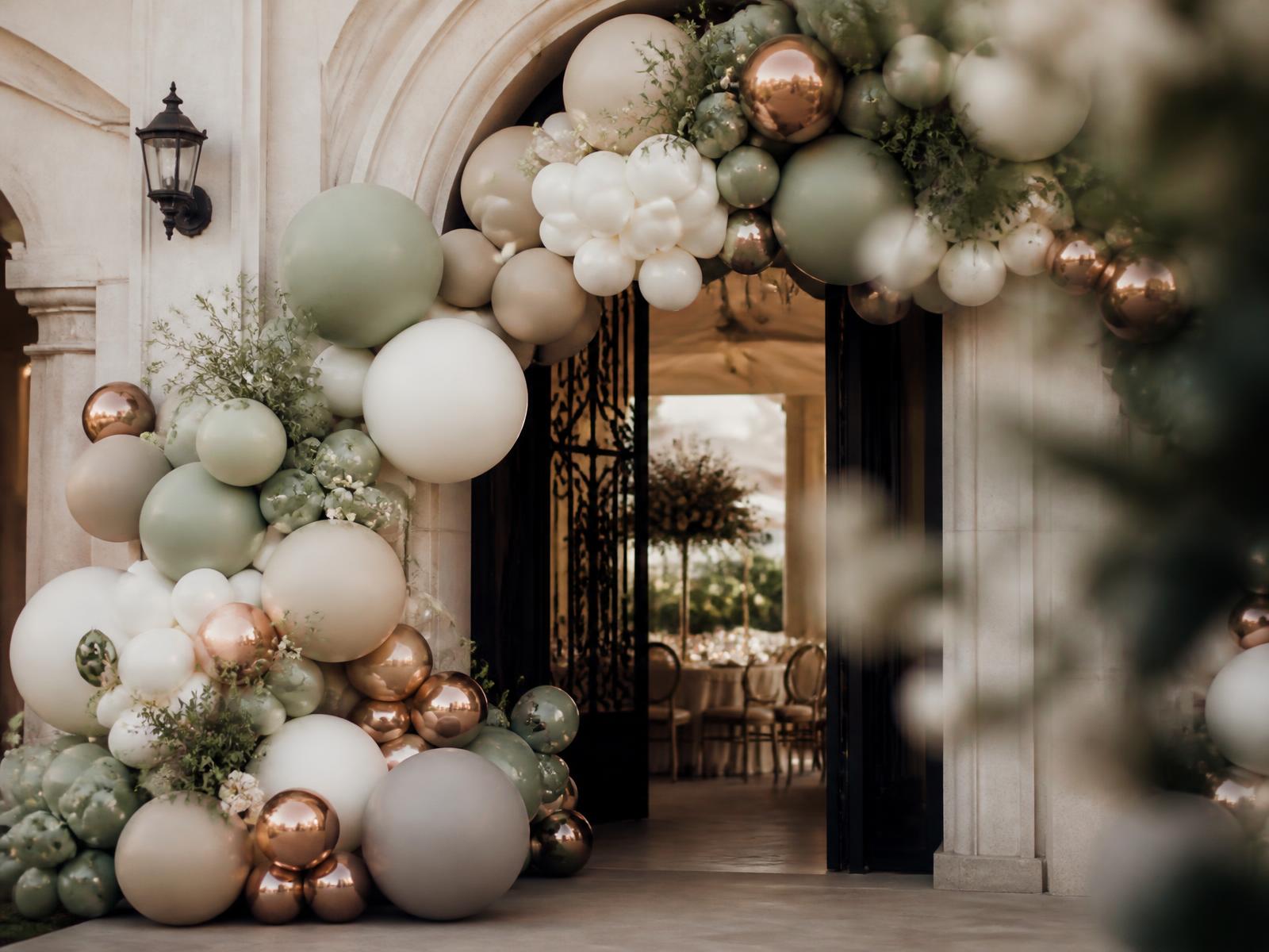 Layered organic balloon installation in ivory, sage and copper framing an elegant event entrance